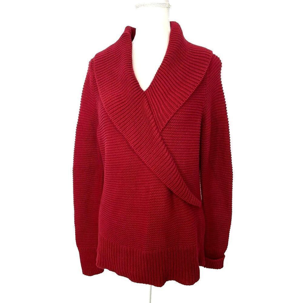 Talbots Size L Sweater Womens Large Red V Neck 100% Cotton